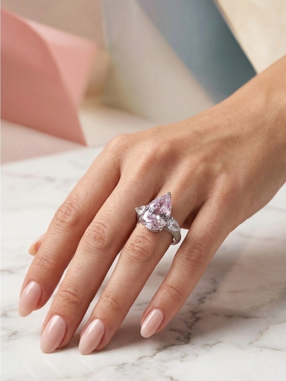 Large Lavender Pear-Cut CZ Three-Stone Ring – Sterling Silver 925 Size 7